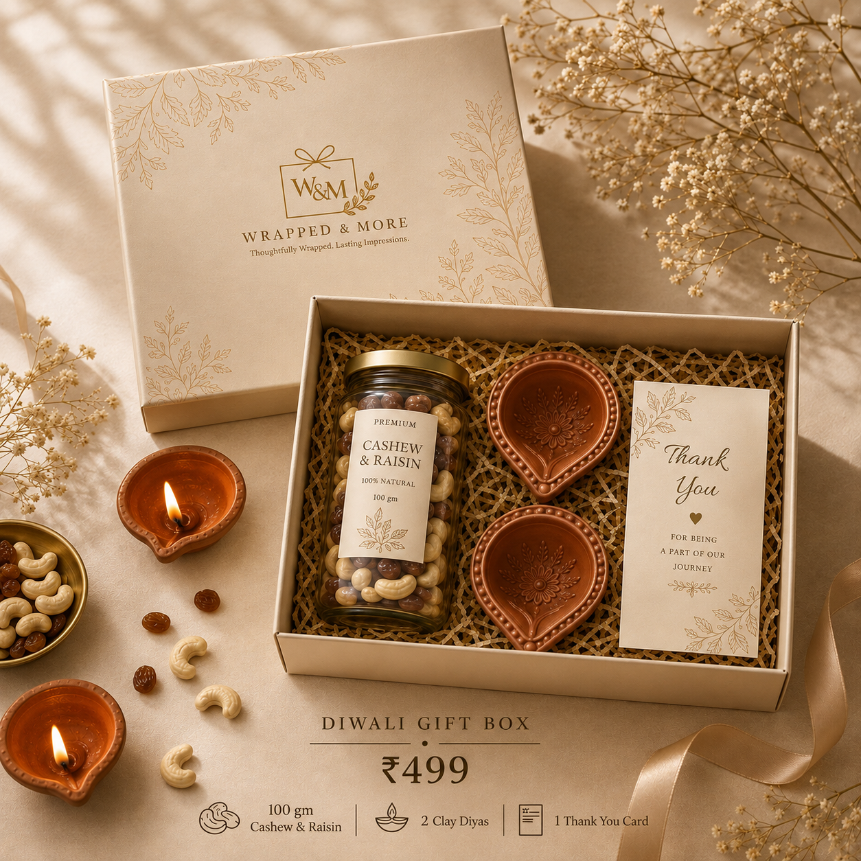 Cream Diwali box with a gold-foiled lid, a jar of cashews and raisins, two clay diyas and a Thank You card