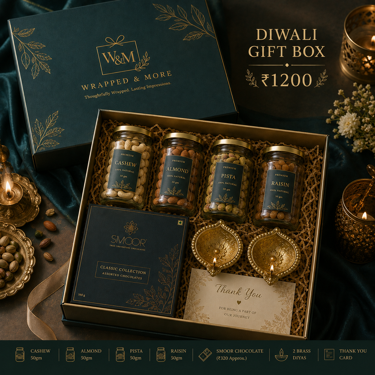 Deep teal Diwali box with four labelled dry fruit jars, a Smoor chocolate box and two lit brass diyas