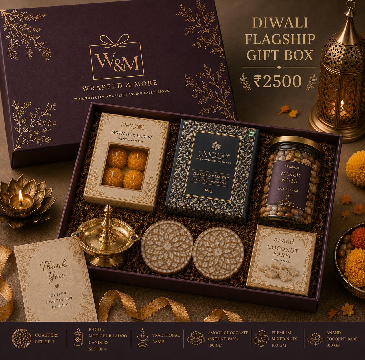 Deep plum flagship Diwali box with inlaid coasters, ladoo candles, a traditional brass lamp, Smoor chocolate and mixed nuts