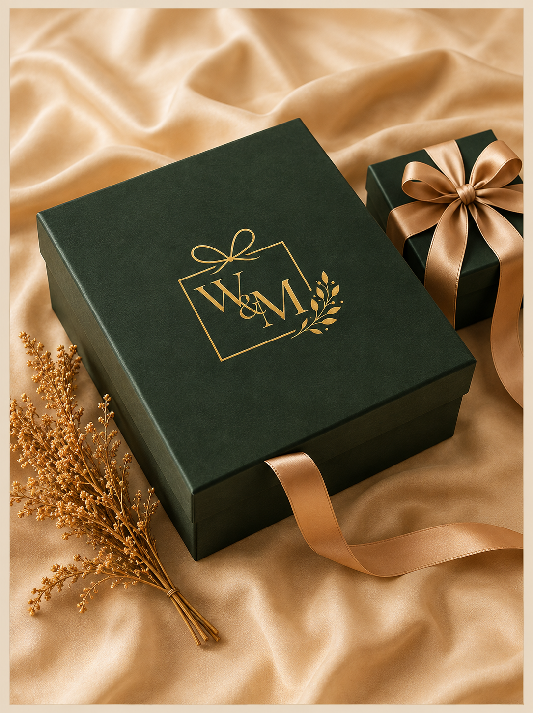 A deep green Wrapped & More gift box with a gold foil monogram, tied with a champagne ribbon on silk